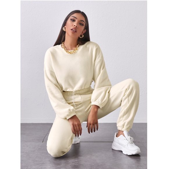 2 Piece Set Beige Crop Sweatshirt and Jogger Pants - Picture 5 of 6